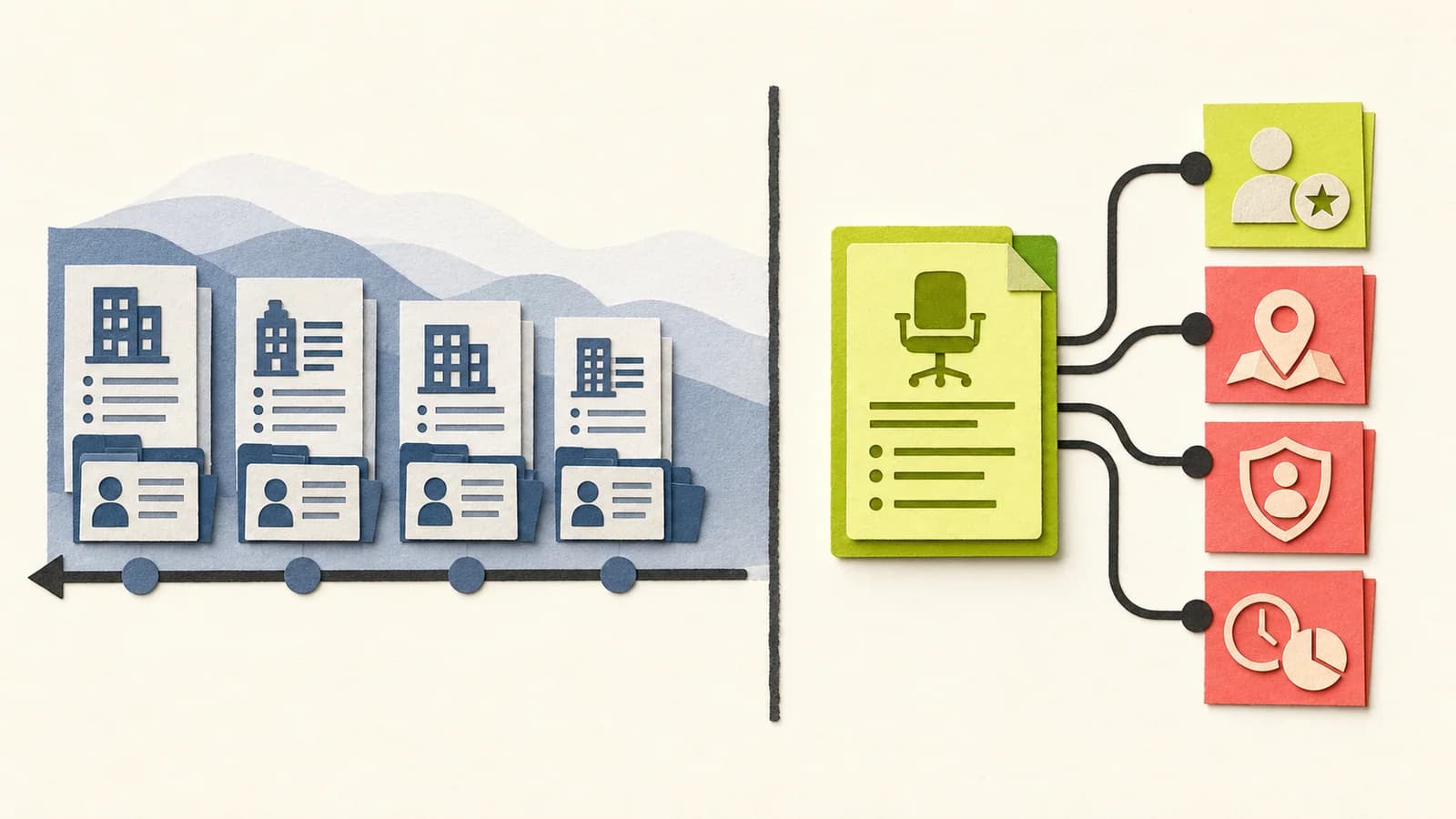 Split timeline showing historical H-1B records on one side and a current role sponsorship decision on the other