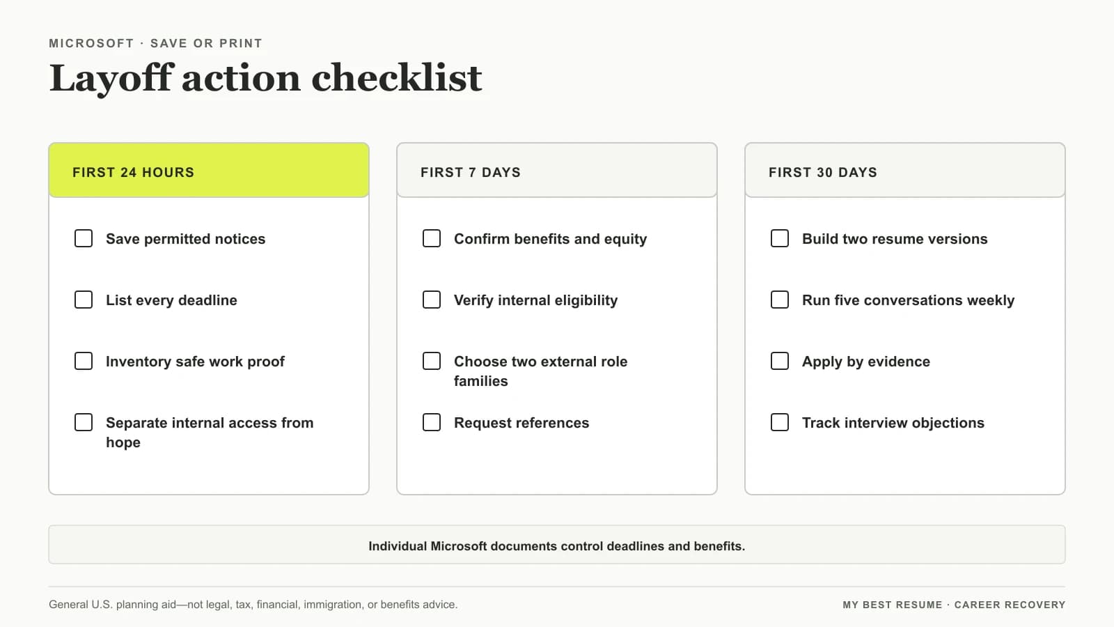 Downloadable Microsoft layoff checklist organized into the first 24 hours, first seven days, and first 30 days.