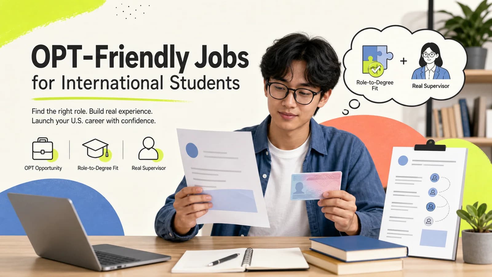 International graduate reviewing a U.S. job offer alongside abstract work authorization and training-plan documents