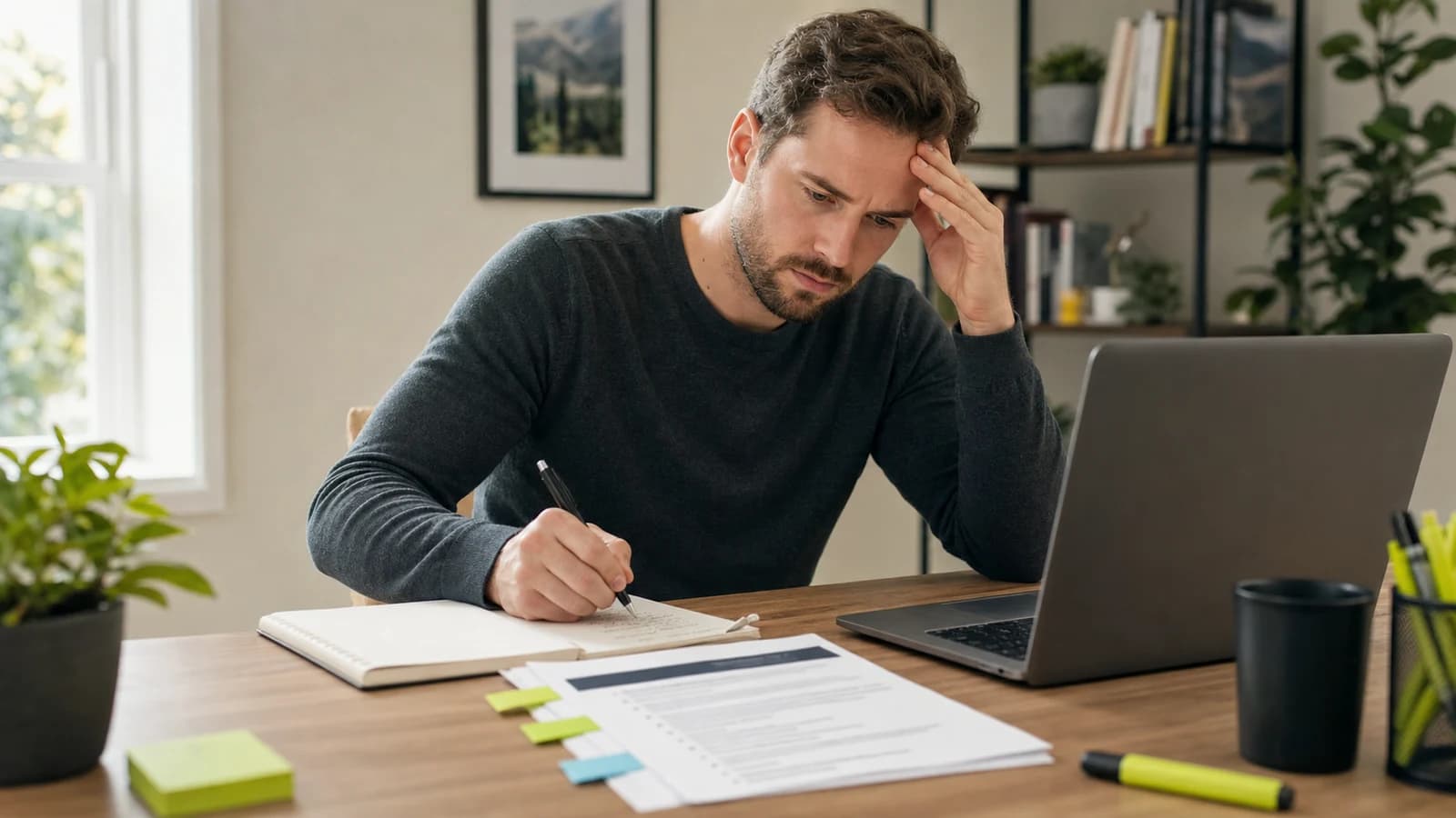 A fictional job seeker comparing work notes with a resume draft while revising bullet points.