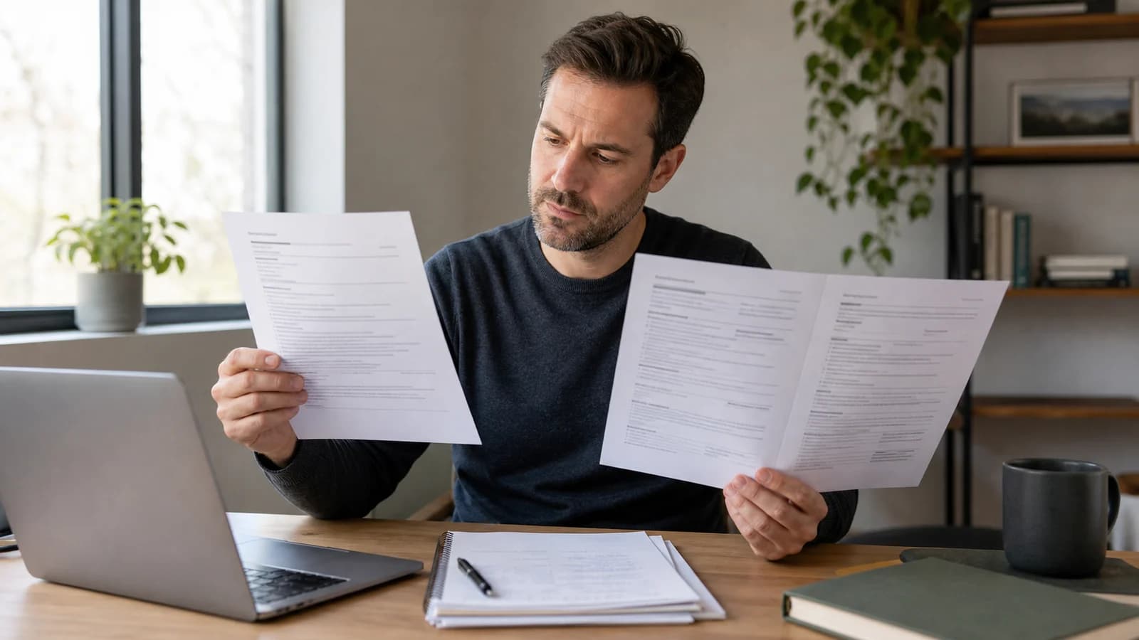 A fictional mid-career professional comparing a one-page resume draft with a two-page version.