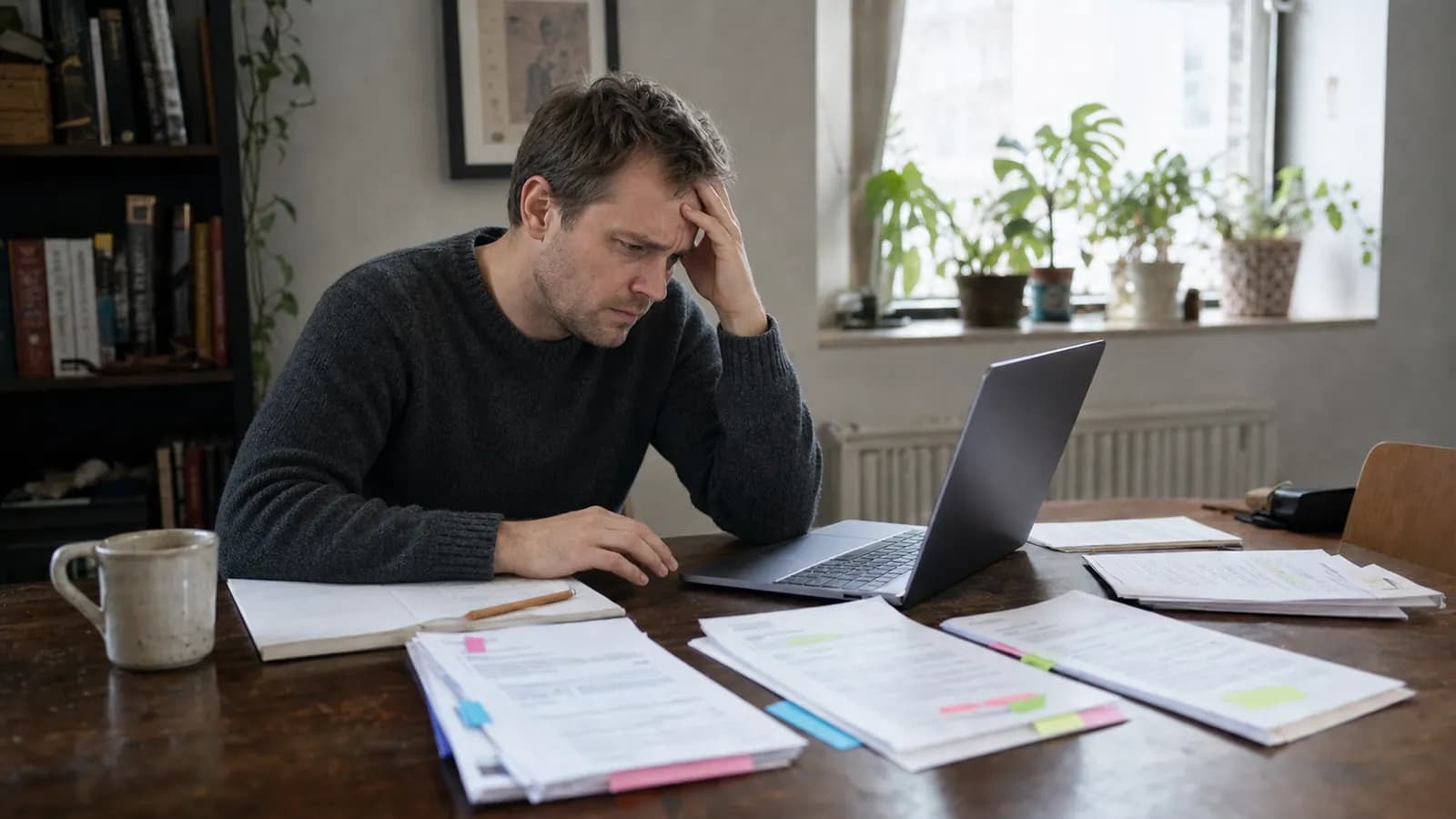 An anxious fictional job seeker pressing one hand to his forehead while reviewing a laptop, resume versions, and an application log at home.