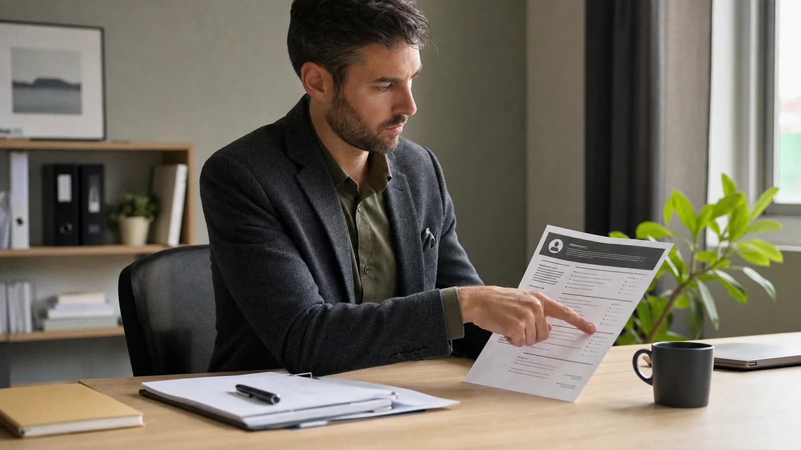 A fictional recruiter comparing a compact resume skills section with evidence in the experience section.