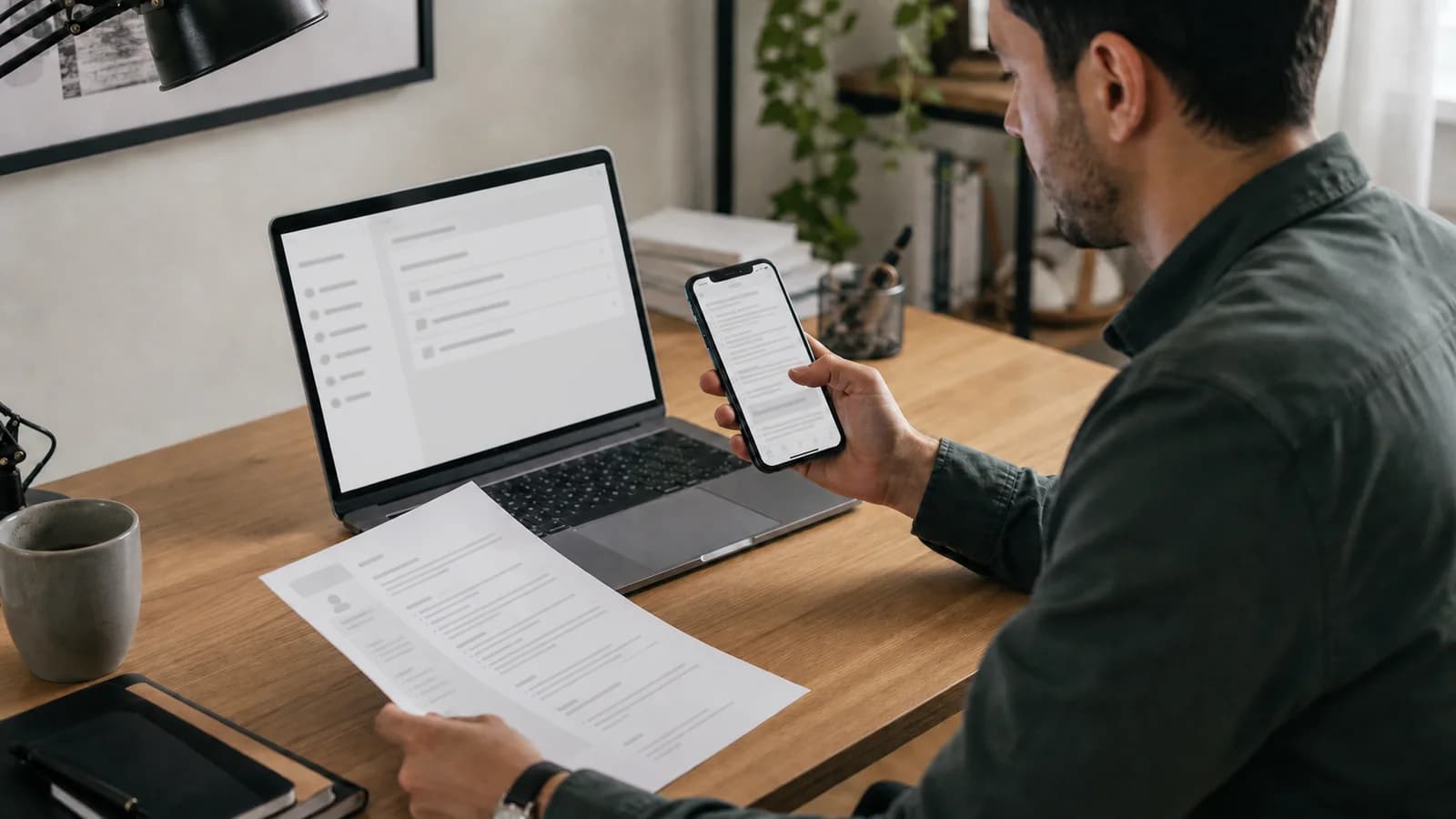 A fictional job seeker checking a resume file across a laptop, smartphone, and printed copy before submission.