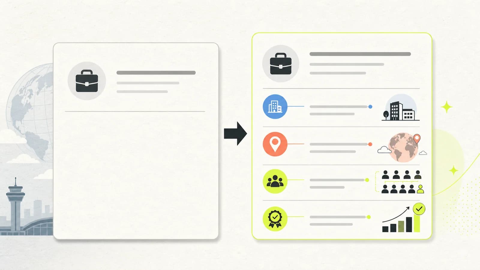 Before-and-after resume layout showing the same overseas experience with added employer, location, scope, and outcome context