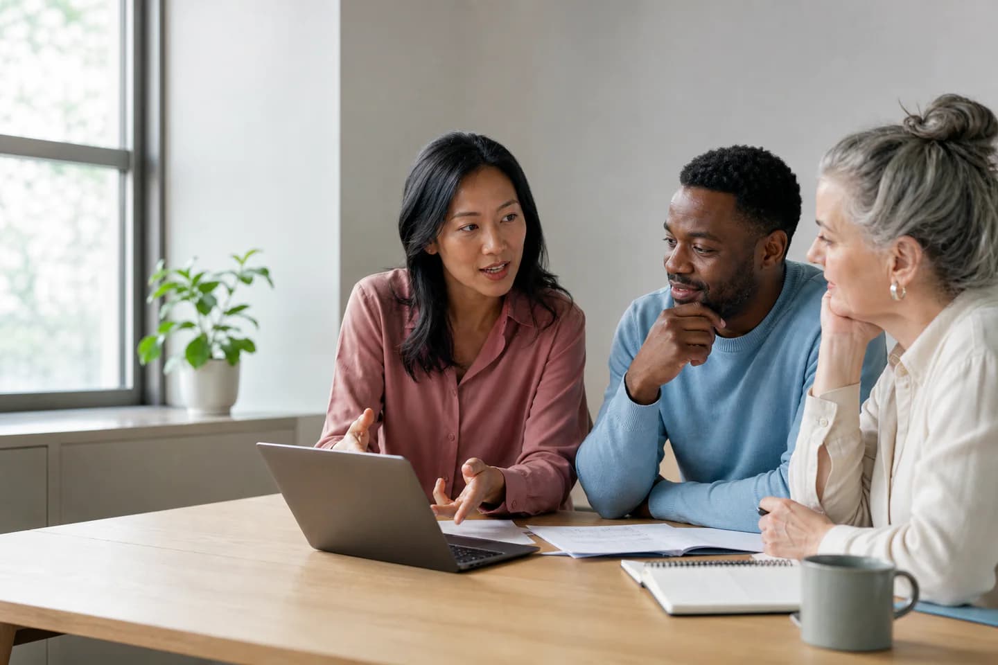 Three professionals discussing possible career directions around a laptop