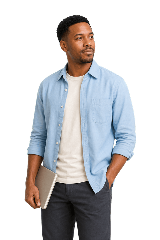 Fictional professional holding a notebook and considering a career direction
