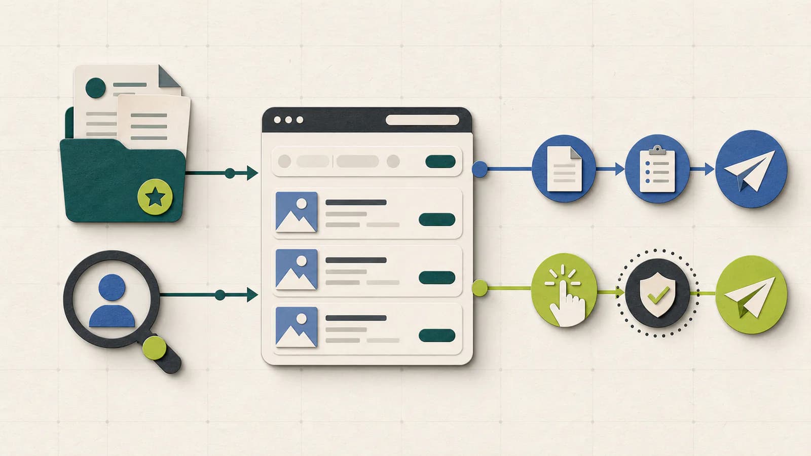 Paper-cut diagram of a job marketplace with saved documents, recruiter discovery, and standard or fast application paths