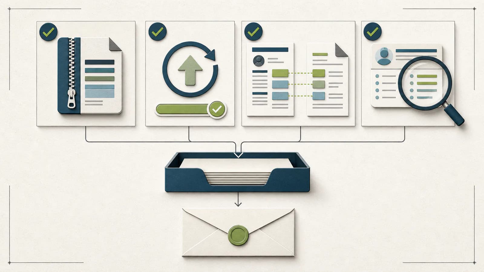 Diagram checking a compact CV, completed upload, aligned cover letter, and accurate searchable profile
