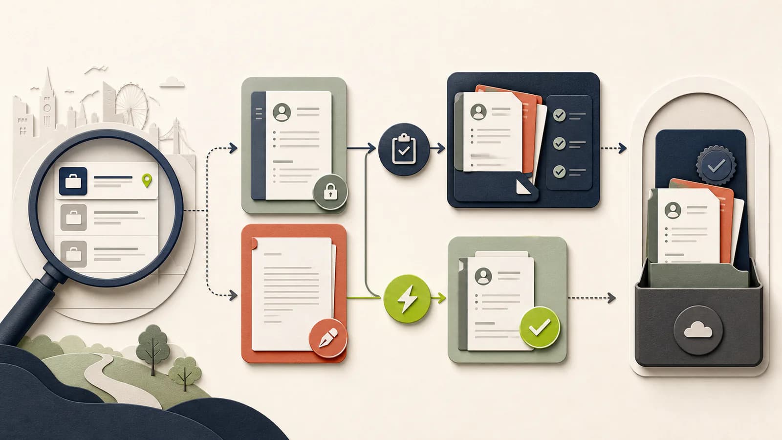 Editorial diagram showing a UK job search, compact stored CV, saved cover letter, standard apply, and one-click application review