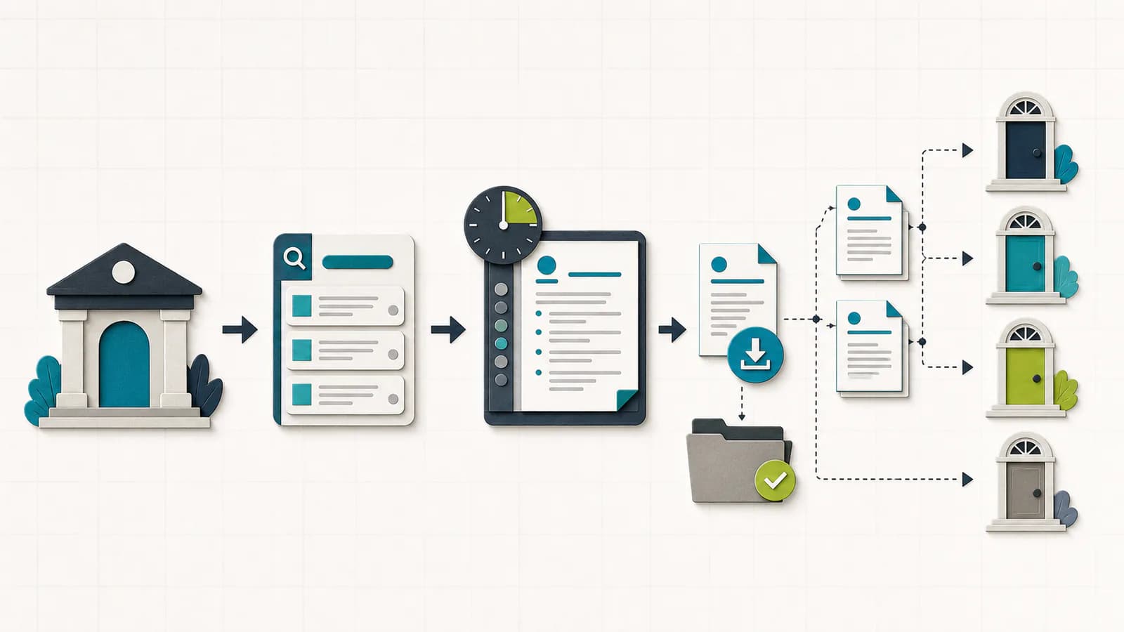 Paper-cut workflow from a public job-search gateway through a same-session CV builder to employer application routes