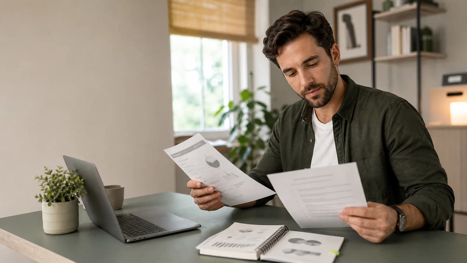 A fictional account executive comparing a performance evidence sheet with a resume draft.