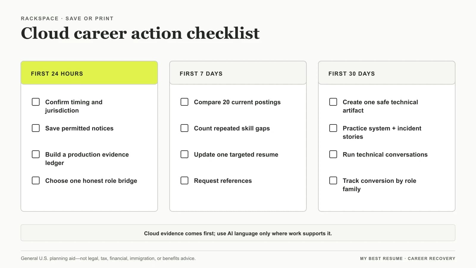Downloadable Rackspace layoff checklist for cloud employees covering 24 hours, seven days, and 30 days.