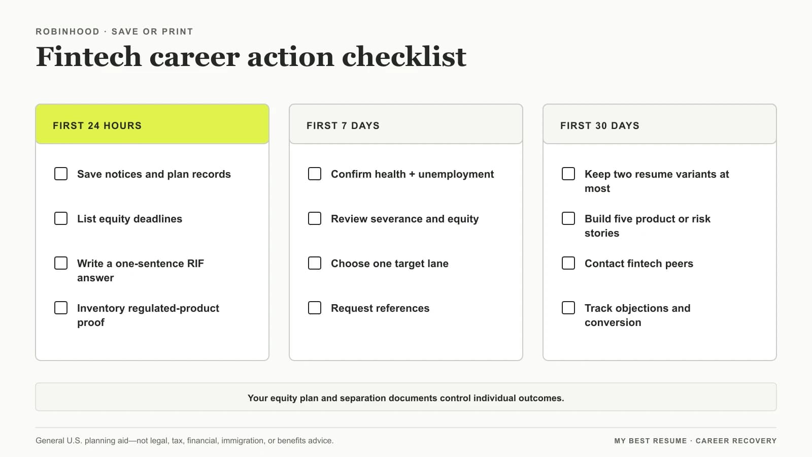 Downloadable Robinhood layoff checklist for the first 24 hours, seven days, and 30 days.