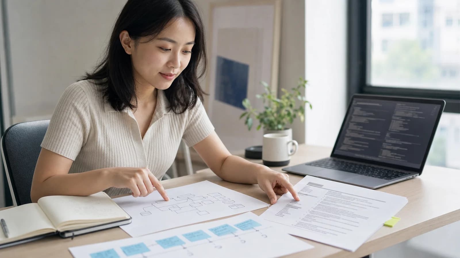 A fictional software engineer comparing architecture notes and a resume draft.