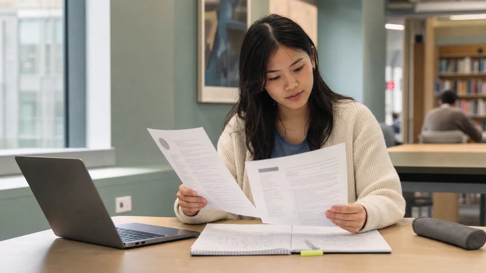 International graduate reviewing a UK CV with a laptop and printed evidence notes in a university careers centre