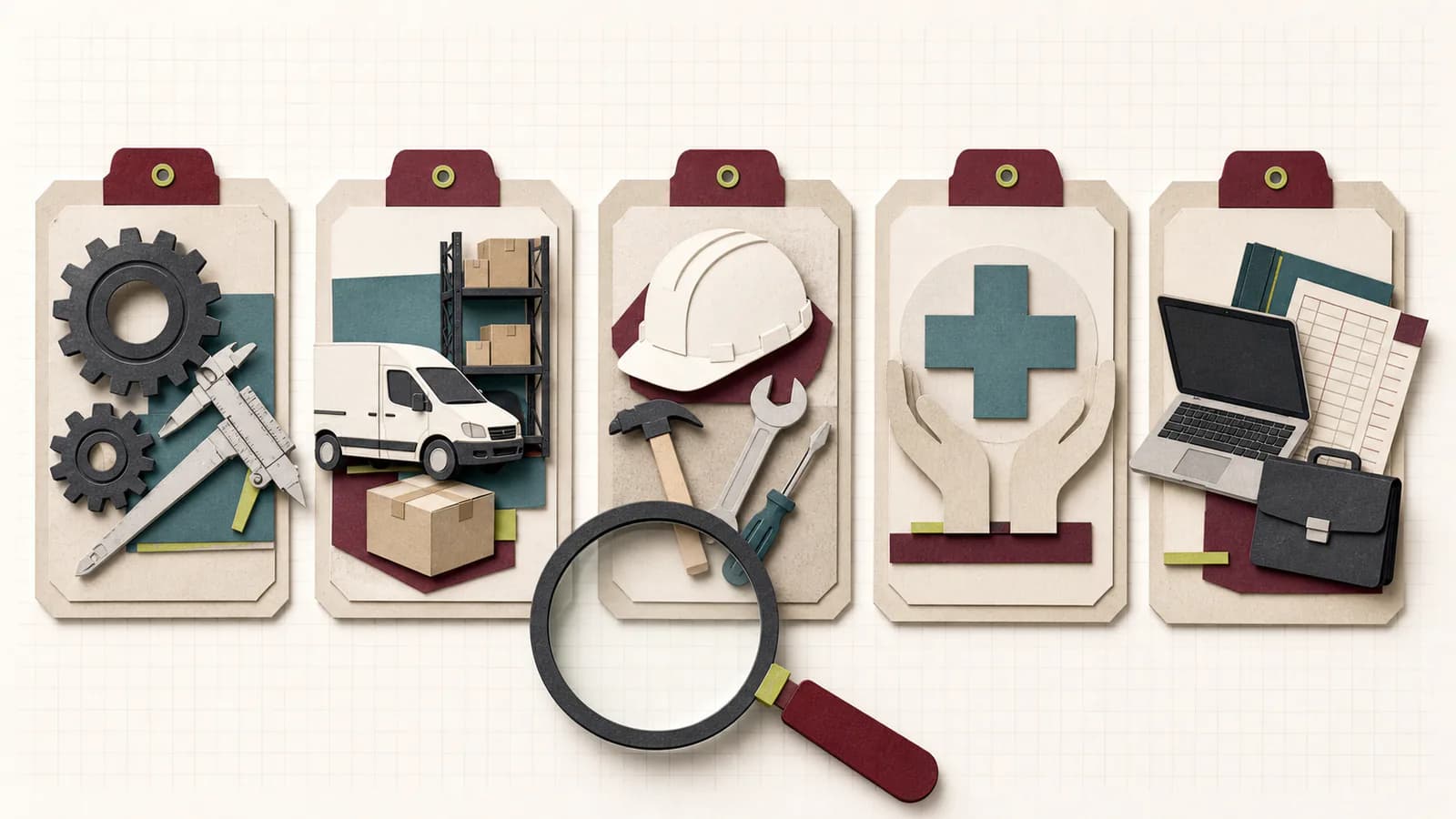 Illustrated recruiter-search categories for engineering, logistics, construction, care, and professional work