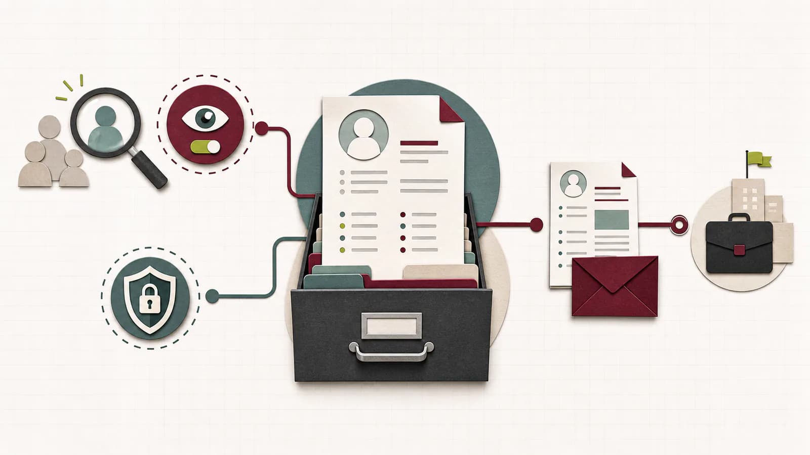 Paper-cut diagram of a CV-first candidate profile with recruiter visibility, privacy, and application branches