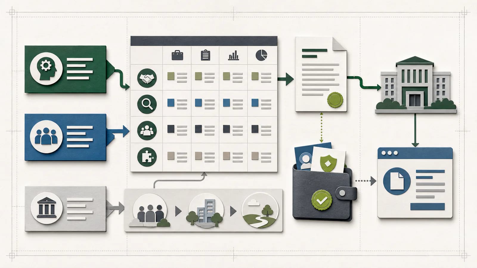 Diagram linking capabilities to evidence while separating agency motivation and eligibility documents