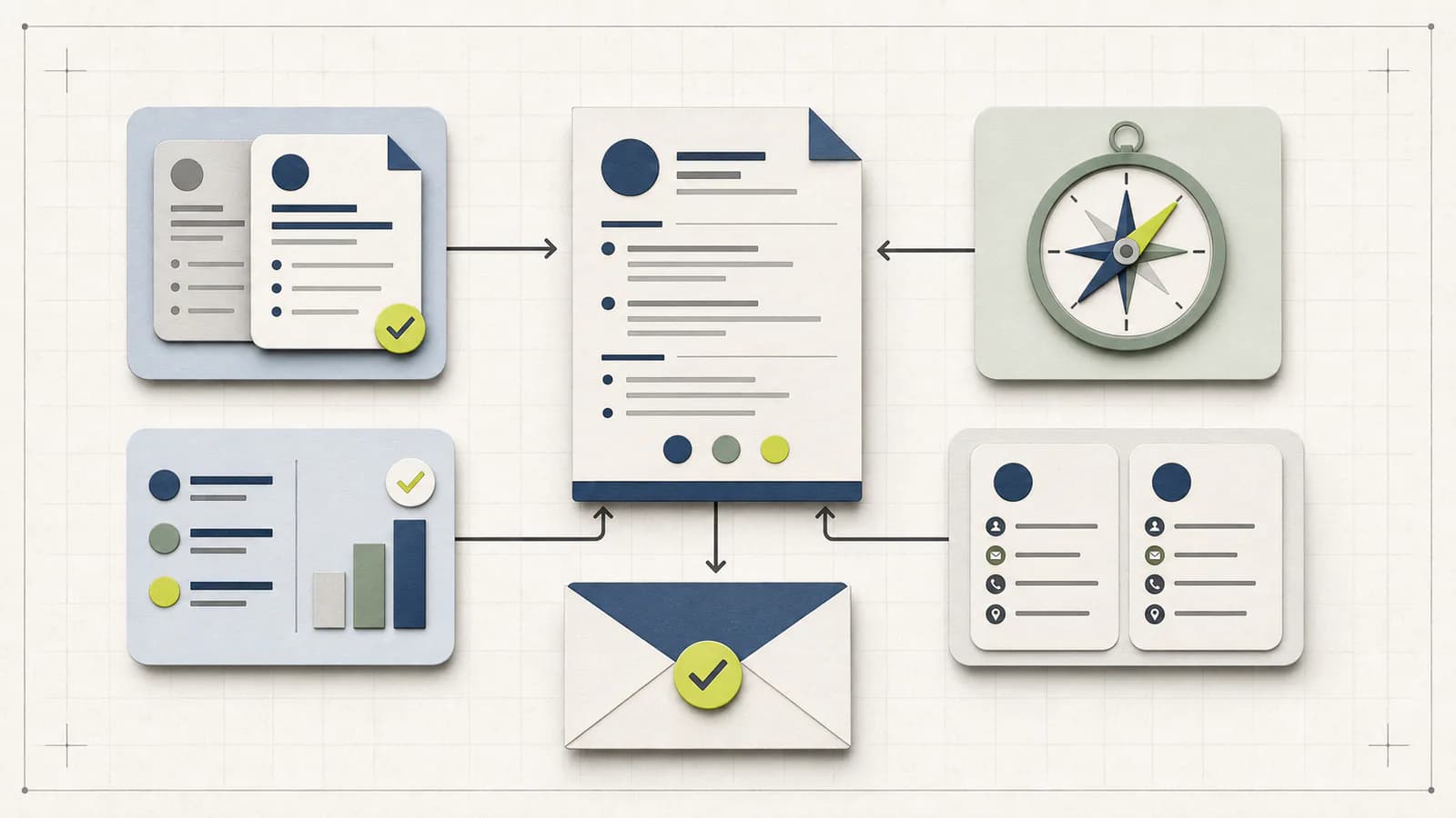 Diagram of CV version control, role direction, recruiter context, and consistent contact details