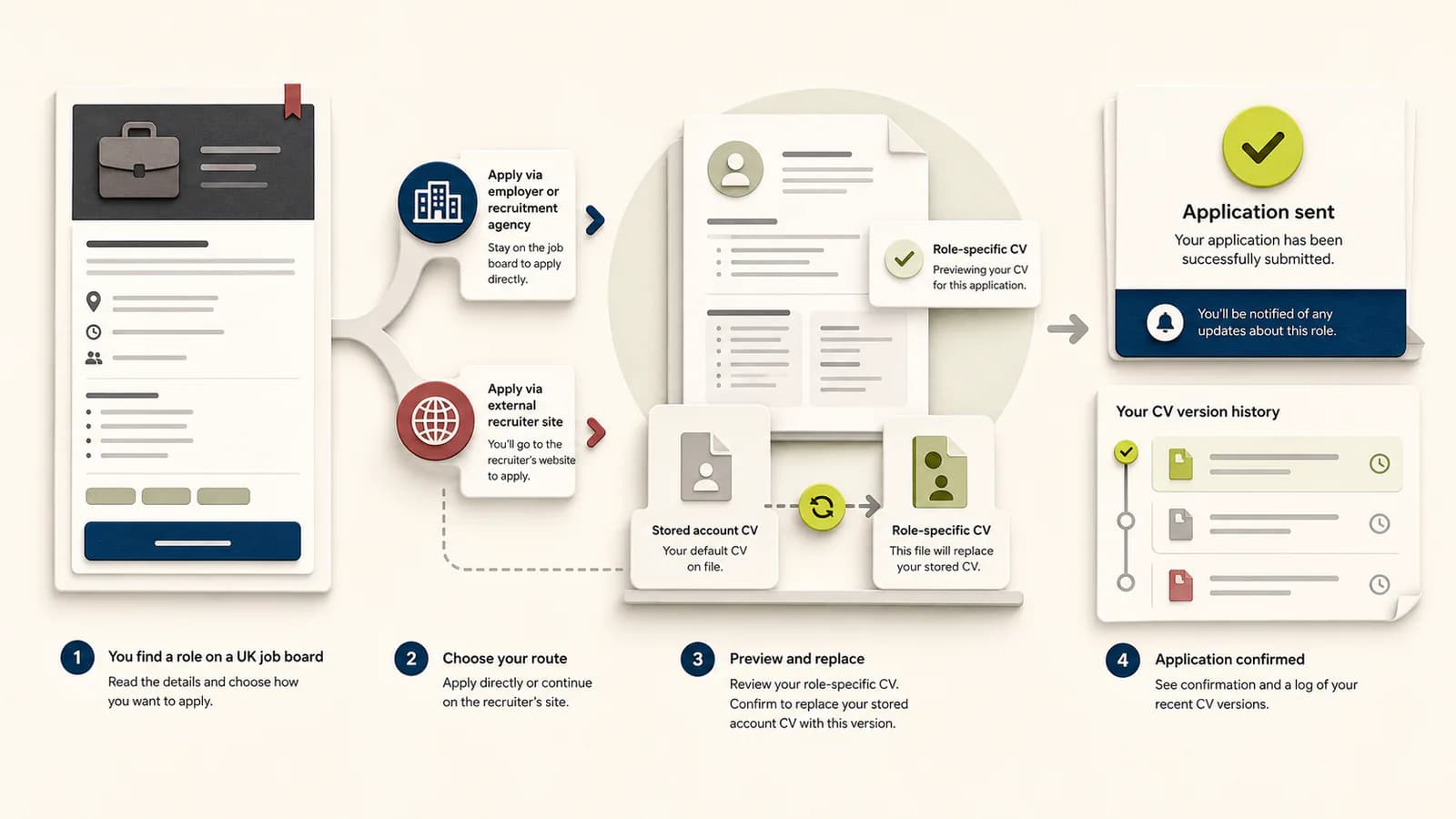 Editorial diagram showing a UK job advert, recruitment agency route, stored CV replacement, preview, and confirmed application