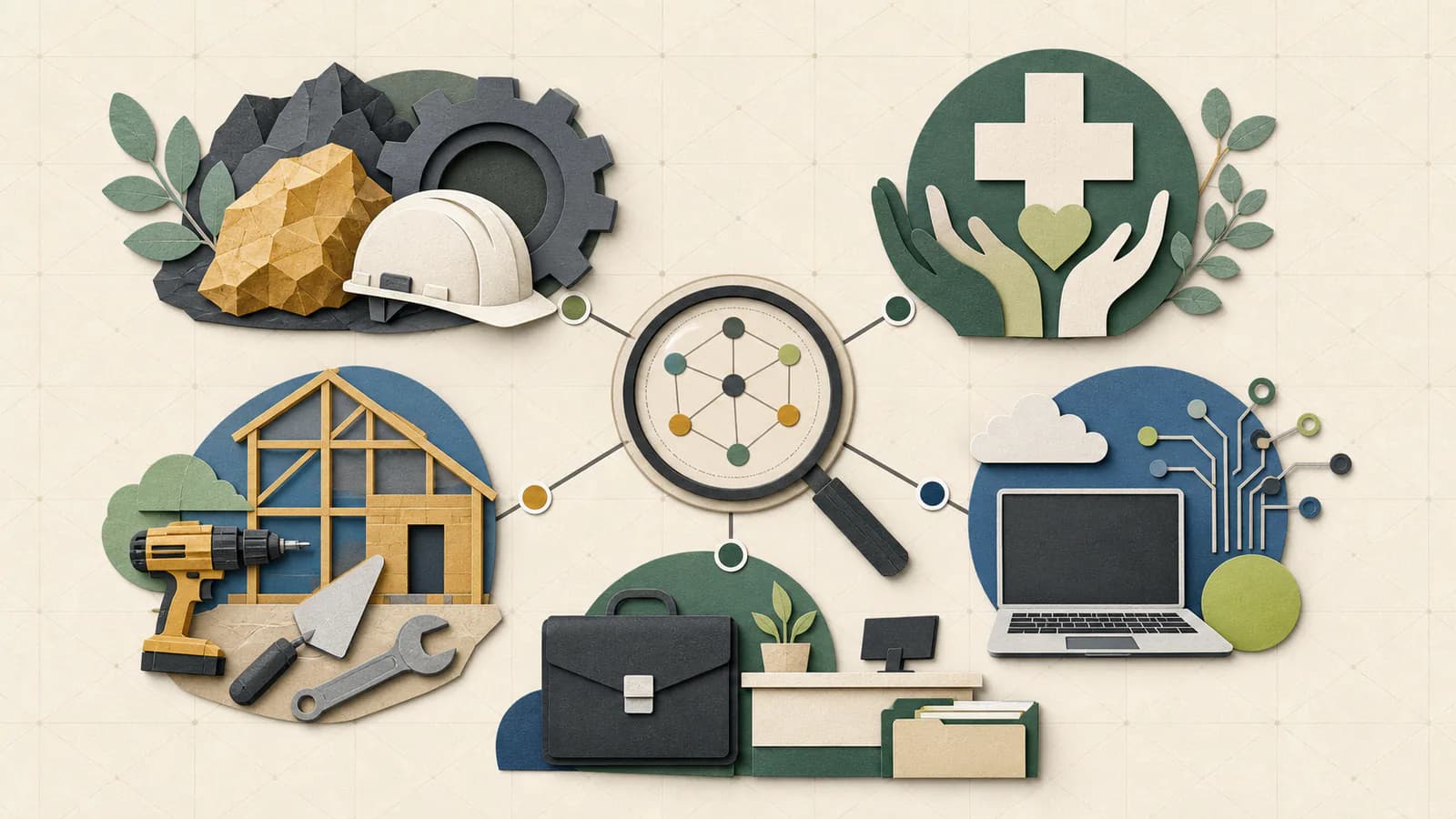 Illustrated Australian job categories for resources, care, trades, technology, and business work