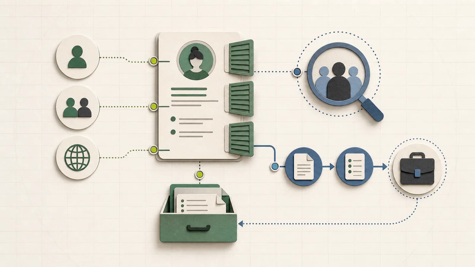 Paper-cut diagram separating candidate profile visibility, stored resumes, employer discovery, and an active application