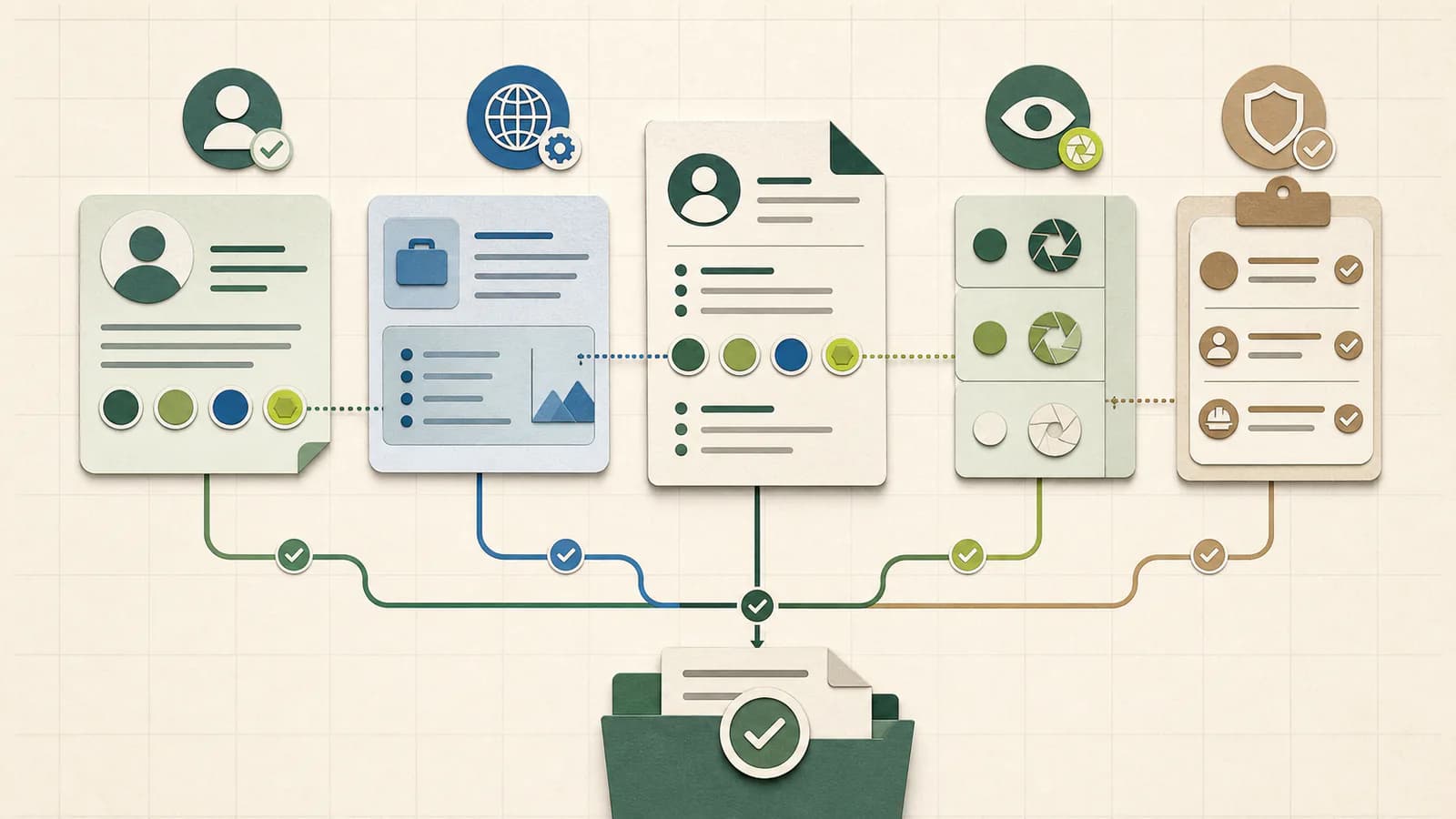 Diagram of resume-profile consistency, local role context, intentional visibility, and separate requirement checks