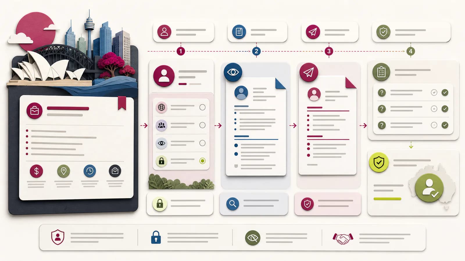 Editorial diagram showing an Australian job search, SEEK profile visibility choices, selected resume, advertiser questions, and application sharing