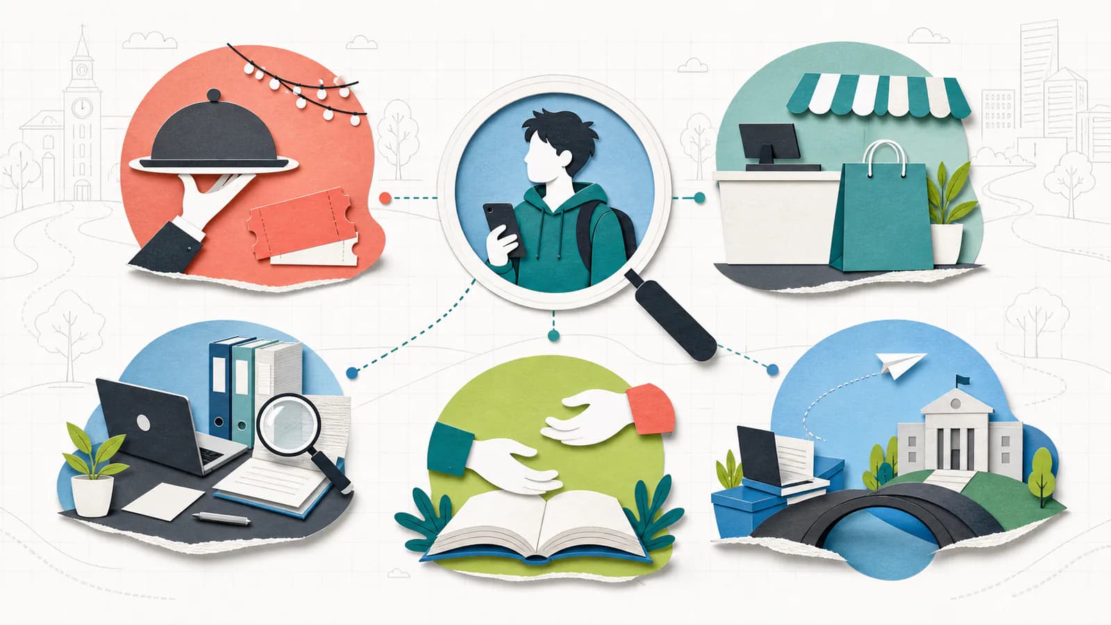 Illustrated student job categories for hospitality, retail, office work, tutoring, and internships