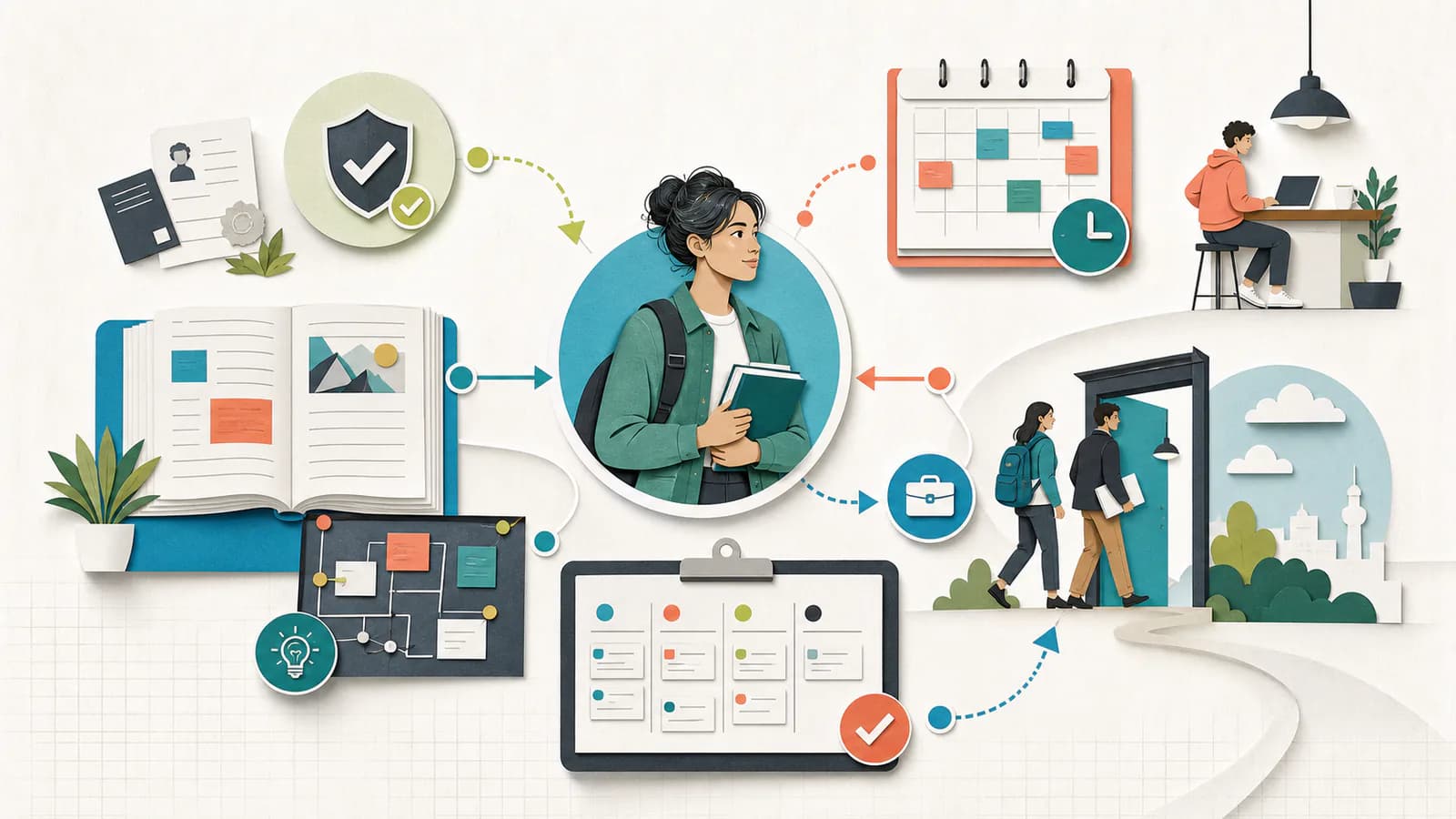 Paper-cut diagram linking student eligibility, study evidence, flexible work, internships, and application tracking