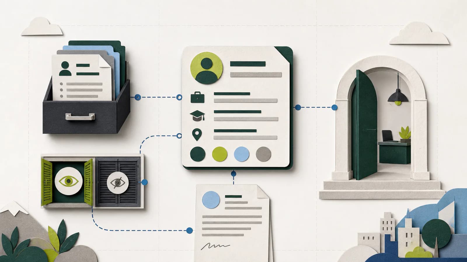 Paper-cut diagram connecting a Job Profile, stored CV, visibility choice, cover letter, and employer application