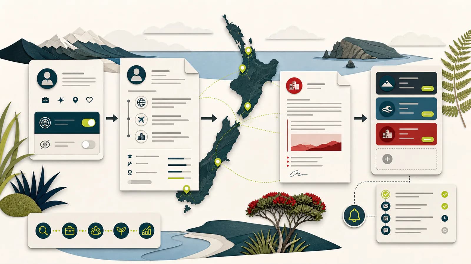 Editorial diagram showing a Trade Me Job Profile, New Zealand CV, tailored cover letter, employer discovery choice, and application route