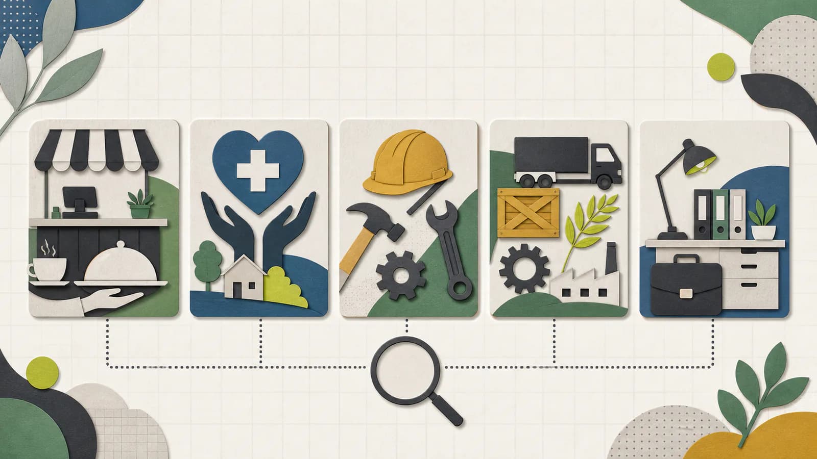 Illustrated Australian job categories for service, community, trades, industry, and entry-level office work