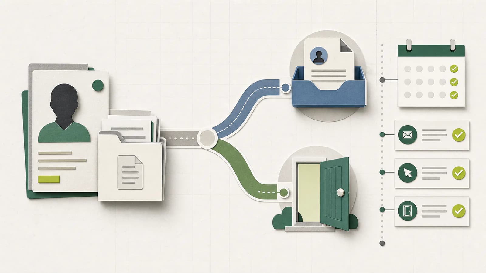 Paper-cut diagram of a candidate profile branching into direct and external applications with separate activity tracking