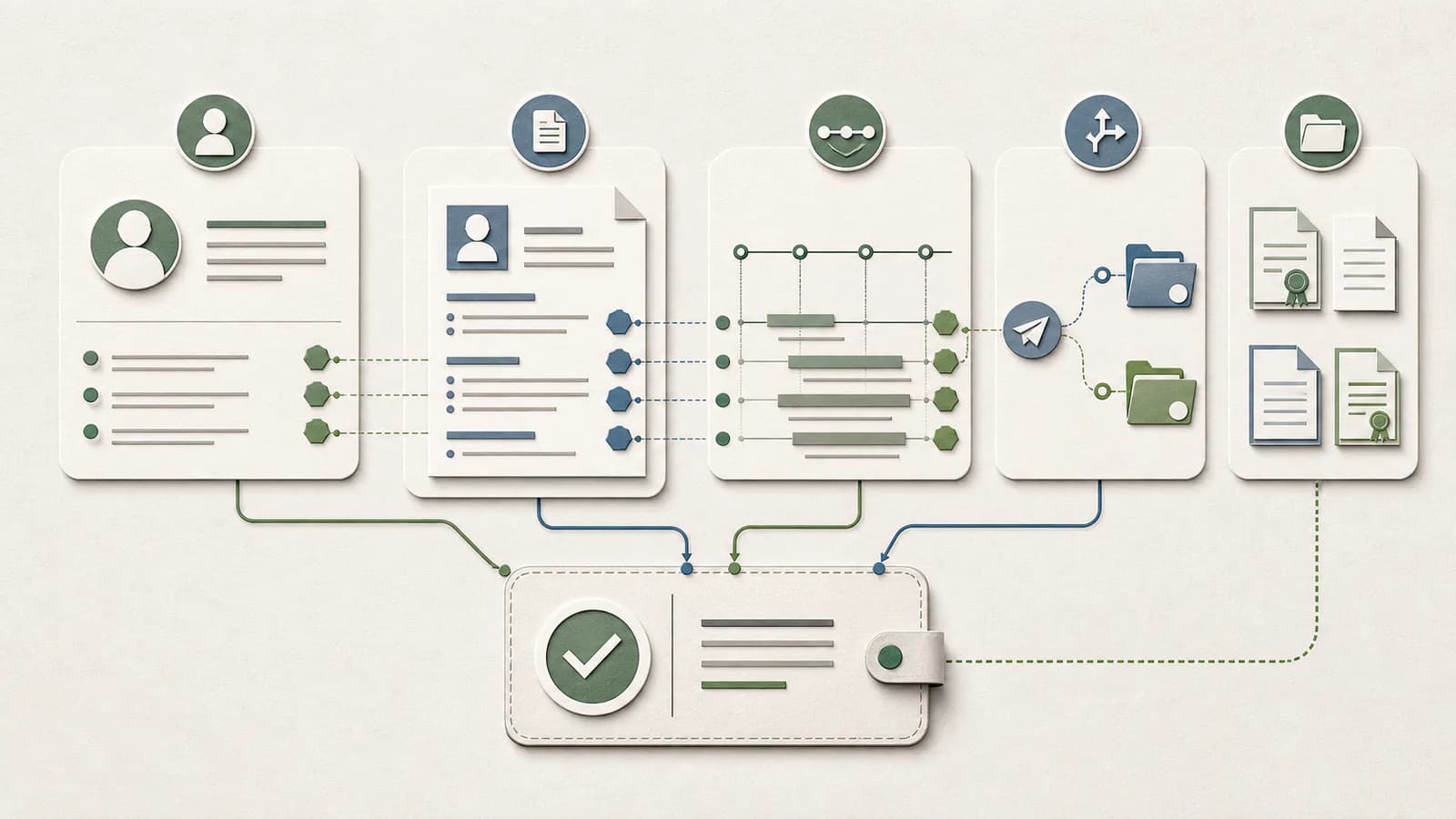Diagram aligning profile evidence, role history, application routes, and separate supporting documents