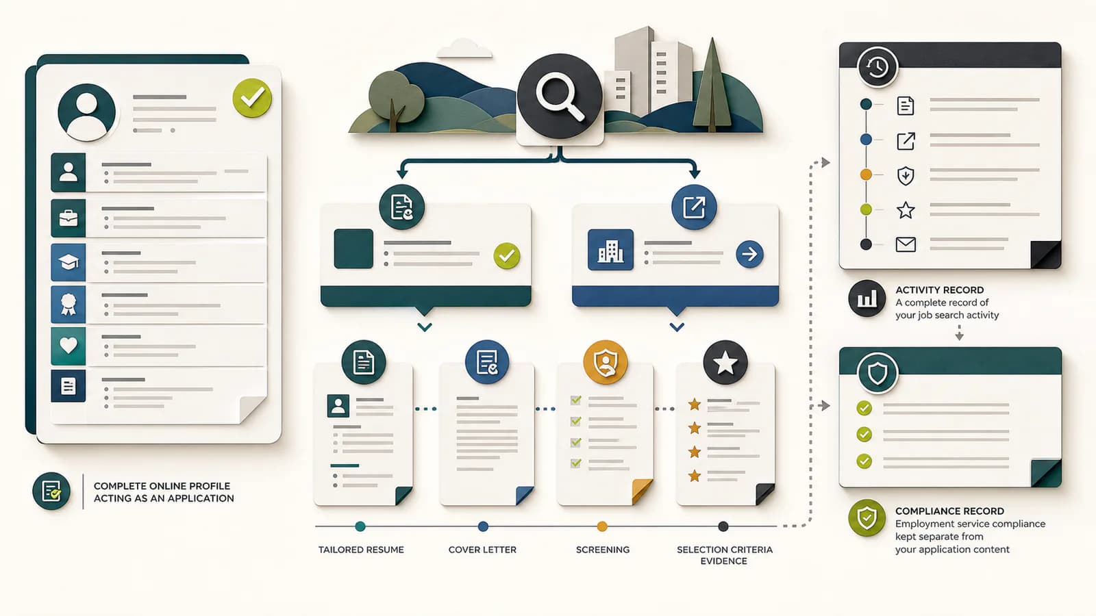 Editorial diagram showing a Workforce Australia online profile, direct application route, external redirect, tailored documents, and accurate activity record