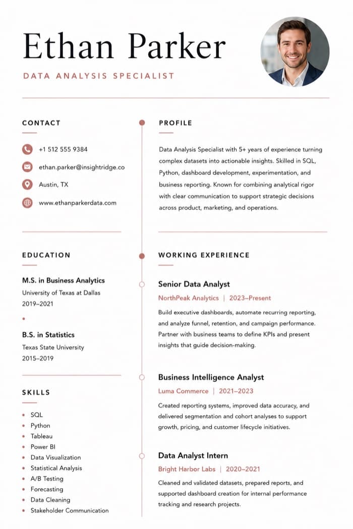 Data Analysis Specialist resume example in the Refined Serif format