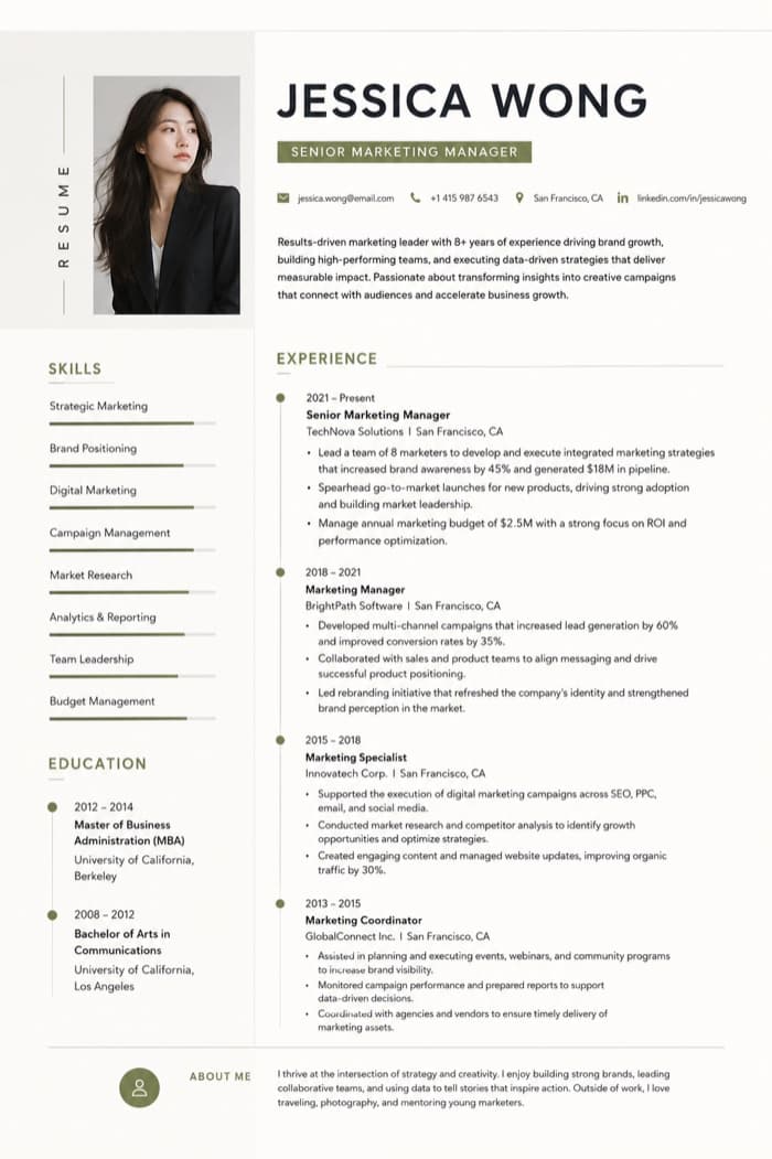 Marketing Manager resume example in the Modern Minimal format