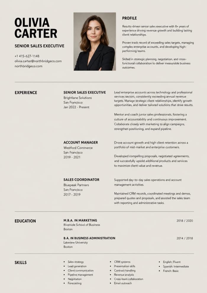 Senior Sales Executive resume example in the Minimal format