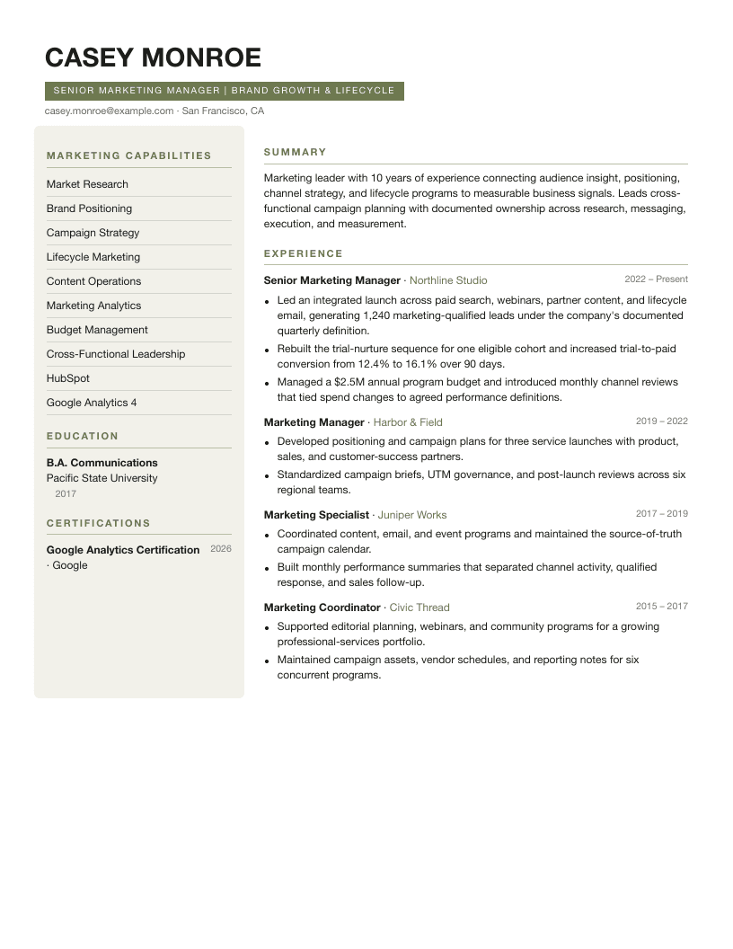 Marketing Editorial fictional resume layout preview