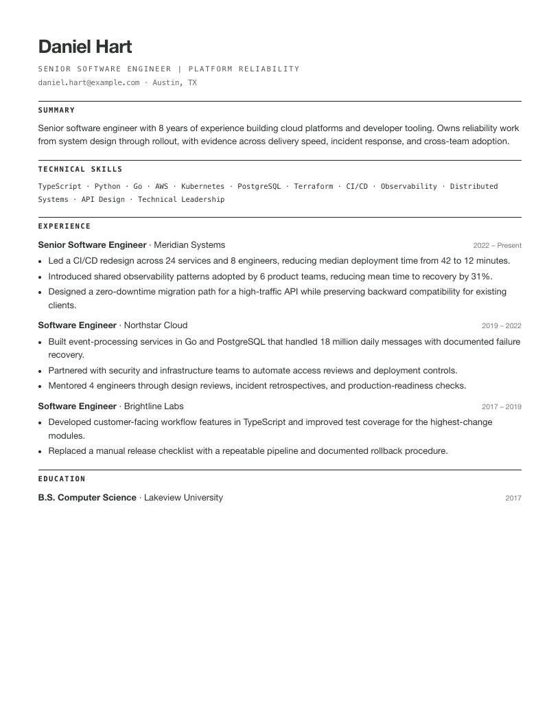 Technical ATS fictional resume layout preview